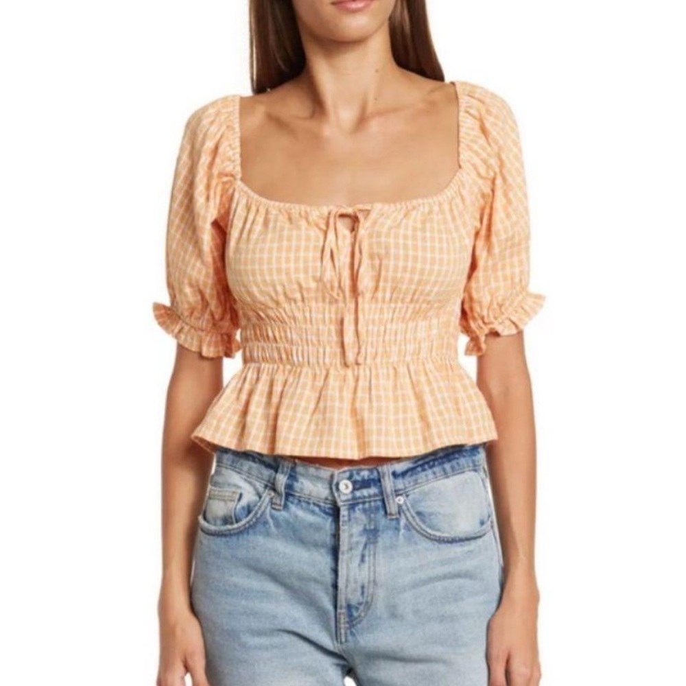 ASTR the Label Check Smock Waist Tie Top